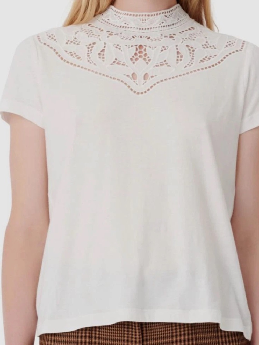 Maje Women’s White Cutwork Yoke T-Shirt Top | Size 1 / US Small | $150
